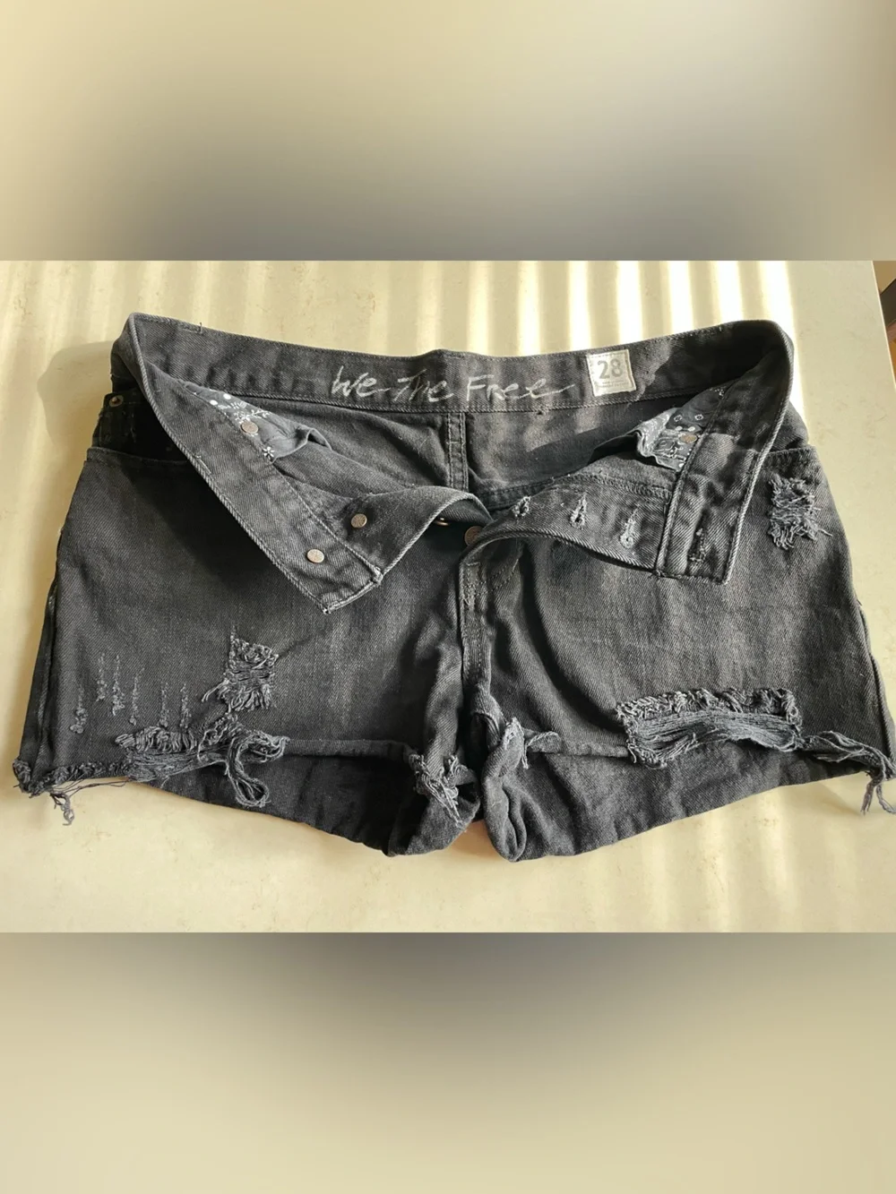 Free People We the Free Black Denim Distressed Shorts